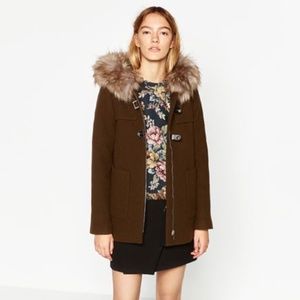 Zara Woman Wool Coat Faux Fur Hood